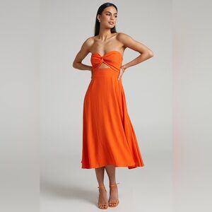 NWT Showpo. Avie Midi Dress - Twist Strapless Cocktail Dress Orange